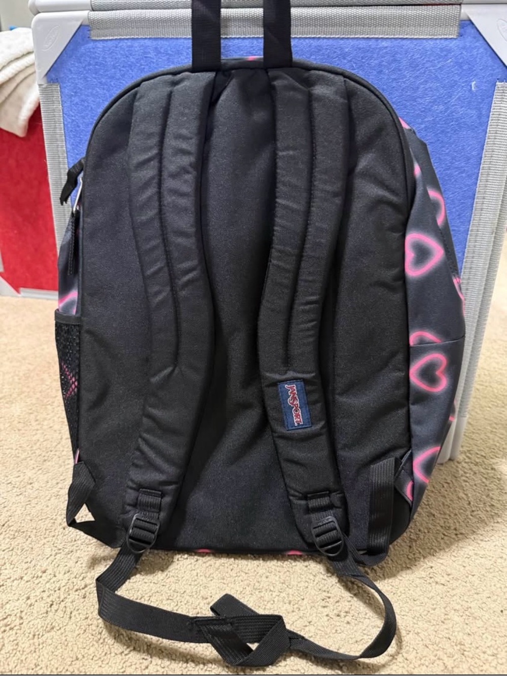 Jansport Black Backpack with Pink Heart Pattern - Picture 3 of 3